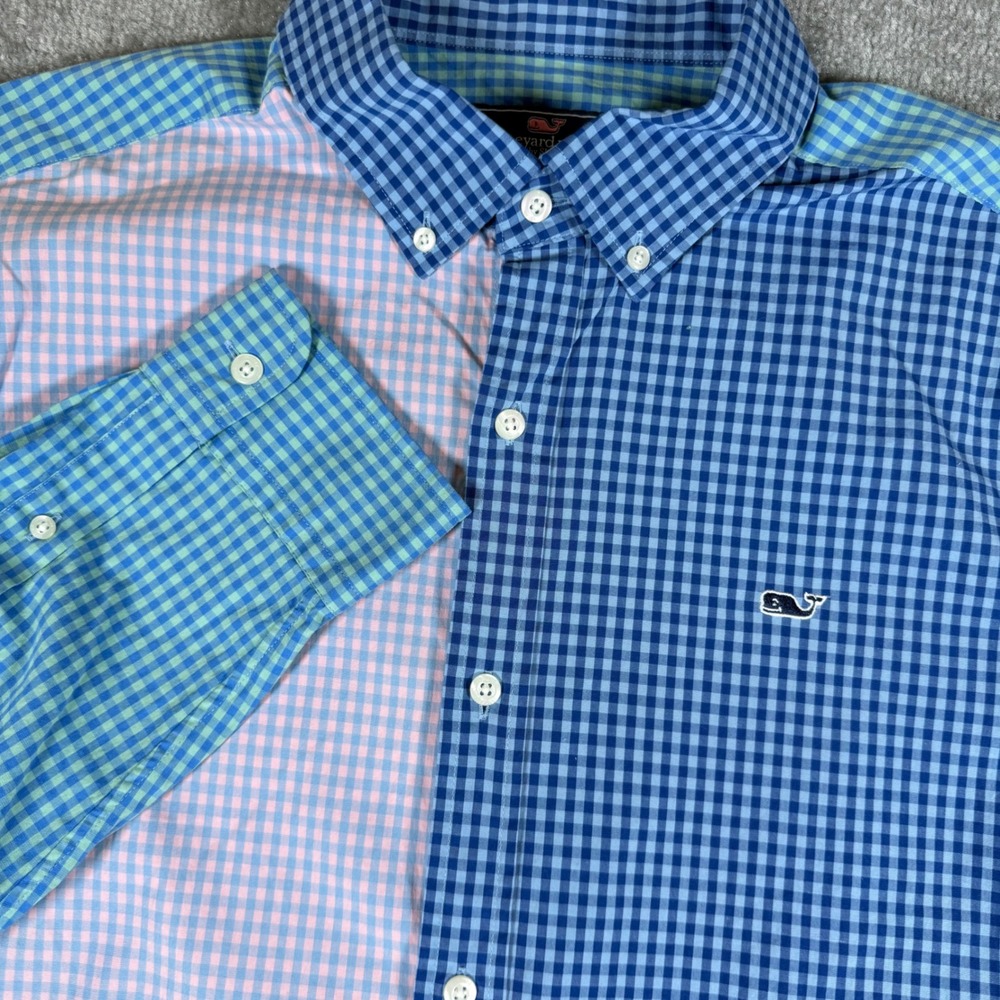Vineyard Vines Mens Classic Fit Whale Shirt Blue Pink Gingham Patchwork Large